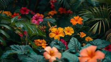 AI generated a tropical flower garden, with exotic blooms and lush foliage, creating a colorful photo