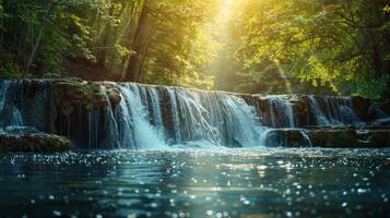 ai generado un cascada, con claro como el cristal agua cascada terminado rocas dentro un sereno piscina abajo foto