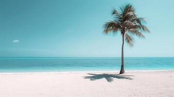 ai generado un arenoso playa con claro azul cielo, espumoso agua, y un soltero palma árbol fundición un sombra foto