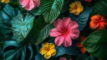 ai generado un vibrante jardín lleno con tropical flores y lozano verdor, ofrecimiento un animado foto