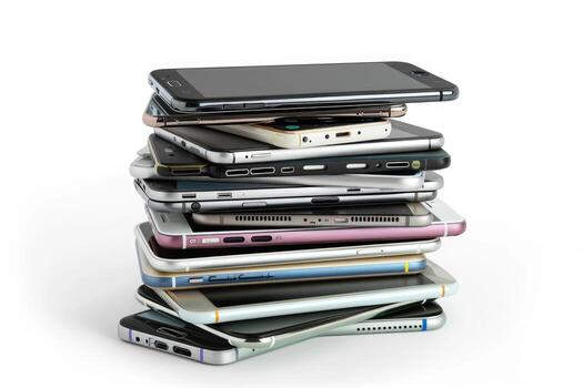 AI generated A pile of different smartphones isolated on a white background. photo