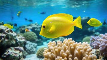 AI generated Yellow tang fish on coral reef photo