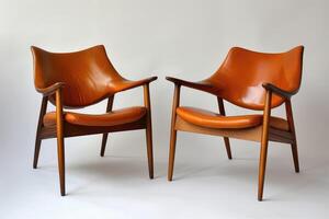 AI generated Classic scandinavian mid century modern wood and leather chairs. Retro furniture photo