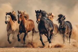 ai generado grupo de caballos corriendo galope en el desierto. foto