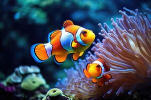 AI generated Amphiprion ocellaris clownfish and anemone in sea. photo