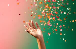 AI generated a woman's hand is reaching towards some bright confetti with an orange background photo