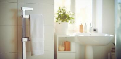 AI generated a towel stand showing a white towel inside a bathroom photo