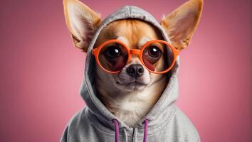 AI generated fashionable dog with sunglasses and hoodie photo