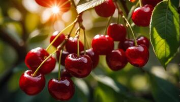 AI generated ripe cherries on a branch photo