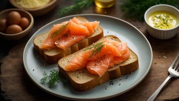 ai generado un pan con Fresco salmón rebanado delicioso salmón en un plato foto