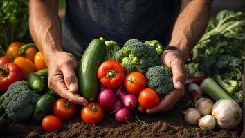 AI generated Farmer's hands holding a box with fresh different vegetables harvest, field photo