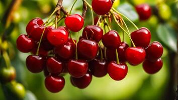 AI generated ripe cherries on a branch photo