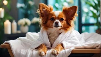 ai generado hermosa perro en un bata de baño en un spa salón descansando foto