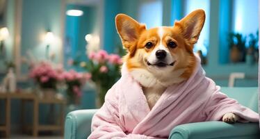 ai generado hermosa perro en un bata de baño en un spa salón descansando foto