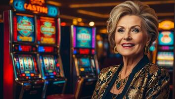 AI generated Beautiful elderly woman playing casino slot machine photo