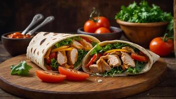 AI generated Delicious shawarma with chicken and vegetables in the kitchen photo