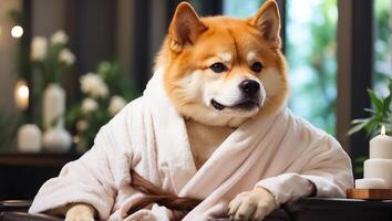 AI generated Beautiful dog in a bathrobe in a spa salon resting photo