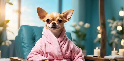 ai generado hermosa perro en un bata de baño en un spa salón descansando foto