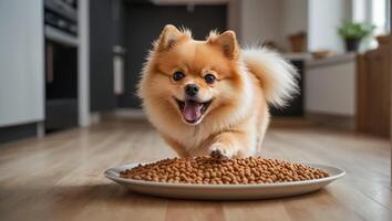 ai generado linda perro con seco comida foto