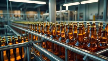 AI generated glass beer bottles on a conveyor belt photo