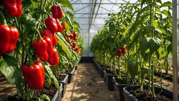 AI generated ripe peppers in a greenhouse photo