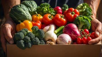 AI generated Farmer's hands holding a box with fresh different vegetables harvest, field photo