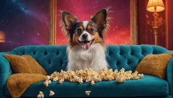 AI generated pretty dog at home with popcorn photo