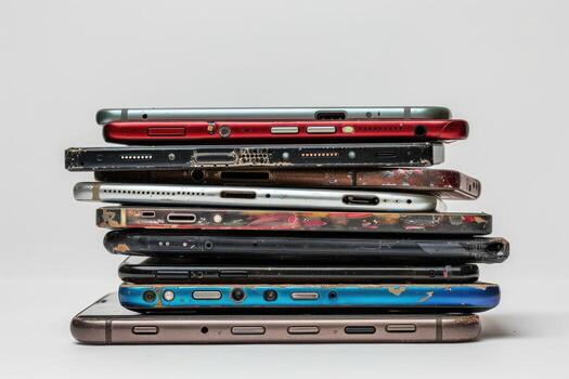 AI generated A pile of different smartphones isolated on a white background. photo