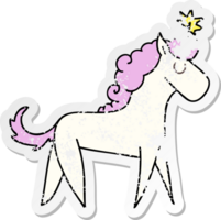 distressed sticker of a quirky hand drawn cartoon unicorn png