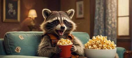 AI generated cute raccoon with popcorn at home photo