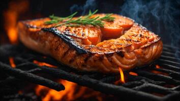 AI generated salmon piece fried on the grill photo