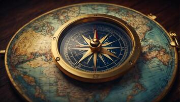 AI generated Antique vintage compass, world map photo