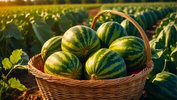 AI generated Ripe watermelons in a basket in the field photo