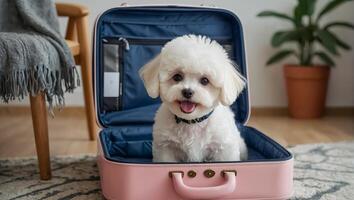 AI generated Cute dog with a suitcase in the apartment photo