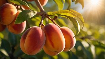 AI generated ripe peaches on a branch in the garden photo