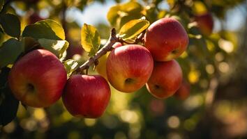 ai generado maduro rojo manzanas en un rama en el jardín foto