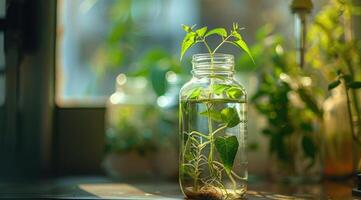 AI generated Plant research, green plant in a glass jar in a laboratory. Ecological breeding and plant development. photo