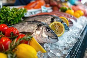 AI generated Raw fresh fish on ice at the market photo