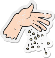 adesivo retrô angustiado de uma mão de desenho animado espalhando sementes png