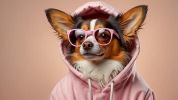 AI generated fashionable dog with sunglasses and hoodie photo