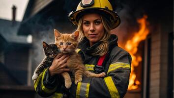 AI generated Portrait of a female firefighter holding a rescued kitten in her arms photo