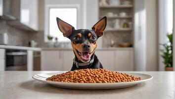 ai generado linda perro con seco comida foto