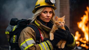 AI generated Portrait of a female firefighter holding a rescued kitten in her arms photo