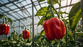AI generated ripe peppers in a greenhouse photo