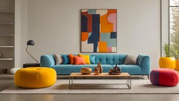 AI generated Modern living room with sofa and colored poufs photo