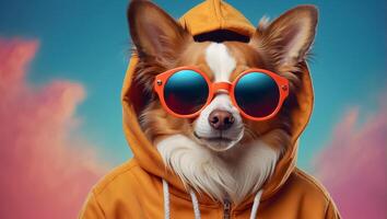 AI generated fashionable dog with sunglasses and hoodie photo