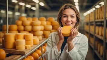 ai generado sonriente mujer queso fabricante foto