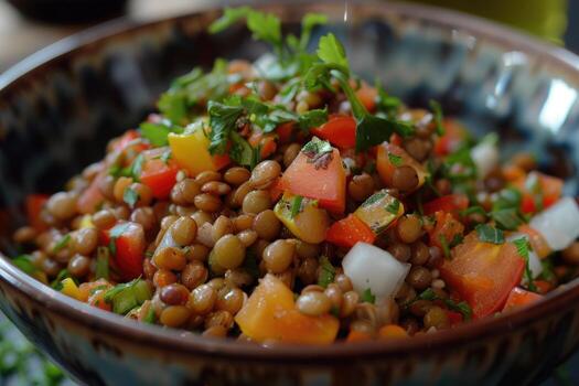 AI generated Lentil salad with veggies, healthy food, vegetarian and vegan snack. photo
