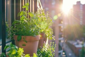 AI generated Fresh herbs grow in containers on city balcony in sunlight photo