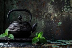 AI generated Elegant black teapot with mint herbs and stone photo